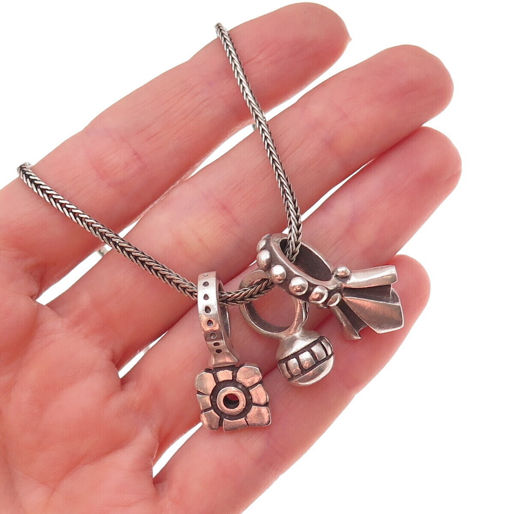 Lisa Jenks 925 Sterling Silver Vintage Multi-Charm Spiga Chain Necklace 16"